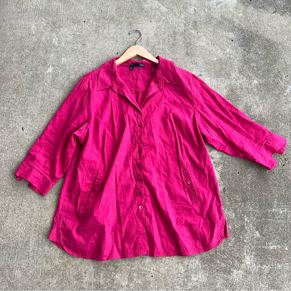 Eileen Fisher Vibrant Pink Button Up Linen Blouse Plus Size 1X - Picture 5 of 8